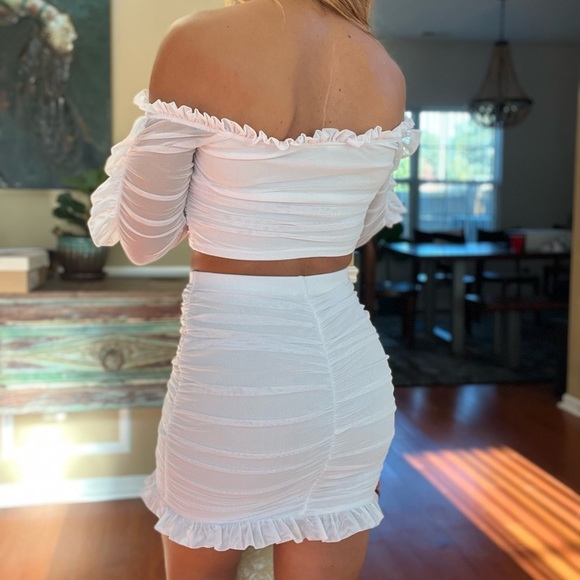 White Ruched & Ruffled Skirt Set by Fashion Nova - Picture 3 of 12